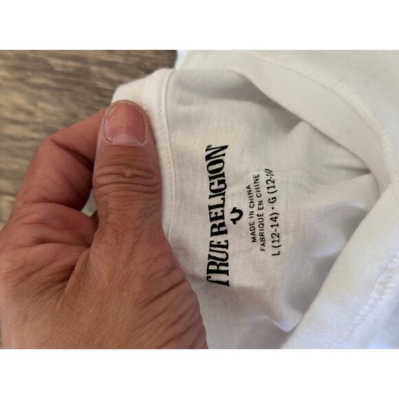 True Religion Girls White Long Sleeve Distorted Logo T-Shirt Size Large - Picture 7 of 7